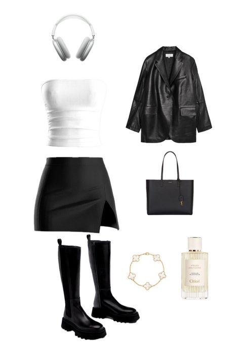 Going Out With Friends Outfit, Minister Outfit, Black And White Outfits Party Night, Out With Friends Outfit, Outfit Leather Jacket, Outfit Black And White, Going Out With Friends, Black Satin Top, Friends Outfit