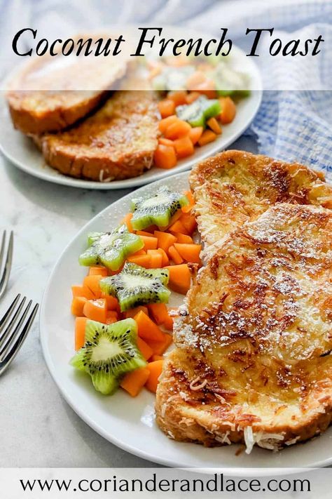 This delicious coconut French toast is loaded with triple coconut flavour: coconut milk, coconut extract, and shredded coconut. So tasty! Crusted French Toast, Coconut French Toast, Sweet Brunch, Coconut Extract, Breakfast Crepes, Pumpkin French Toast, French Toast Breakfast, Breakfast Casseroles, Caribbean Recipes