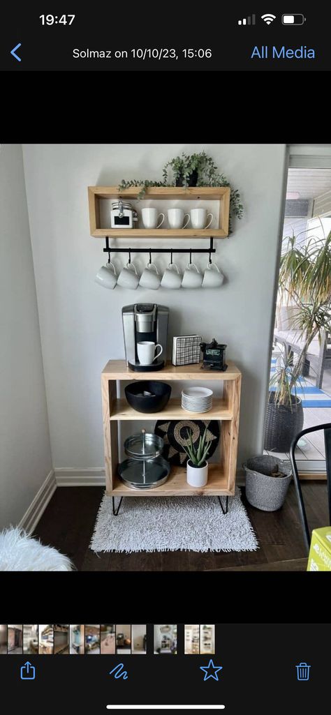 Appt Decor Small Spaces, Small First Apartment Decorating, Small Coffee Bar Decor, Simple Home Decor Kitchen, Coffee Bars For Small Spaces, Coffee Stand Ideas Home, Small Apartment Couch Ideas, Tiny Apartment Decorating Living Room, Small Coffee Bar Ideas Office