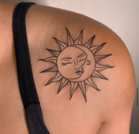 Sun And Moon Face Tattoo, Arm Tattoos Tiger, Moon Face Tattoo, Sunny Tattoo, Harp Tattoo, Sun And Moon Face, Elk Tattoo, Back Of Leg Tattoos, Phoenix Tattoo Feminine