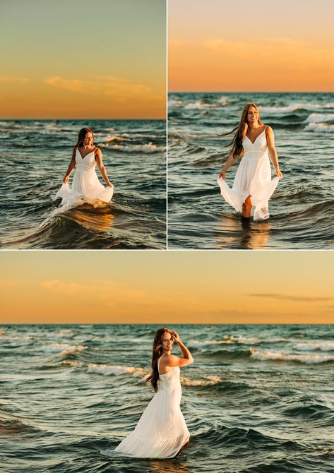 High school senior photos in Lake Michigan during the summer at sunset while wearing a white dress Beach Senior Pictures, High School Senior Photos, Unique Senior Pictures, High School Seniors Photos, Senior Photo Outfits, Photography Jobs, Lake Photos, Pics Inspo, Beach Pics