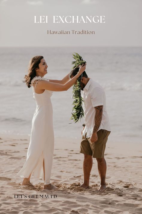 Exchanging leis it’s a symbol of love and commitment. Leis ceremonies at weddings may also include other family members, representing the union of the two families. The style of the lei exchange depends entirely on the bride and groom's preferences. Leis For Wedding, Maui Vow Renewal, Wedding Leis Brides, Haku Lei Wedding, Hawaiian Traditions, Hawaiin Wedding, Wedding Leis, Hawaiian Beach Wedding, Wedding Ceremony Outline