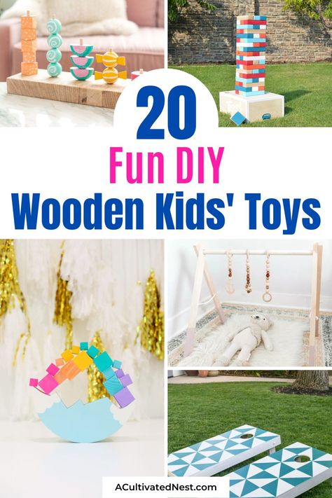 20 Easy DIY Wooden Kids' Toys- Make one of these easy DIY wooden kids' toys to inspire your child to use their imaginations! Wooden toys are easy to make and better for your home! | crafts using scrap wood, homemade kids' toys, #woodCrafts #DIYs #DIYKidsToys #woodenToys #ACultivatedNest Handmade Wooden Toys For Kids, Scrap Wood Toys, Diy Wood Toys For Kids, Homemade Kids Toys, Wood Toys Diy, Using Scrap Wood, Lego Table Diy, Christmas Presents For Kids, Making Wooden Toys