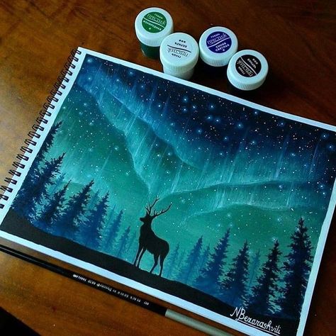 Sunrise Art Painting, Art Northern Lights, Northern Lights Watercolor, Northern Lights Art, Animal Paintings Acrylic, Painting Sky, Northern Lights Painting, Silhouette Painting, Galaxy Painting