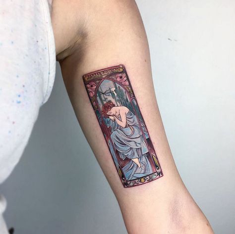 22 Classical Art Tattoos - Inside Of Arm Tattoo, Art Inspired Tattoos, Inner Arm Tattoos, Inner Arm Tattoo, Kunst Tattoos, Alfons Mucha, Geniale Tattoos, Initial Tattoo, Tattoo Cover