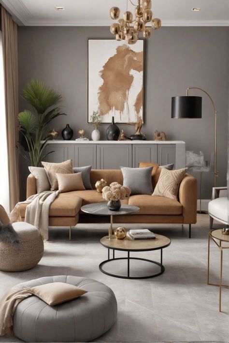 elegance, stylish home decor, grey scheme, camel scheme Grey And Camel Living Room, Beige And Grey Living Room, Grey And Brown Living Room, Living Room Colour Schemes, Modern Home Living Room, Brown Sofa Living Room, Color Palette Living Room, Cream Living Rooms, Black And White Living Room