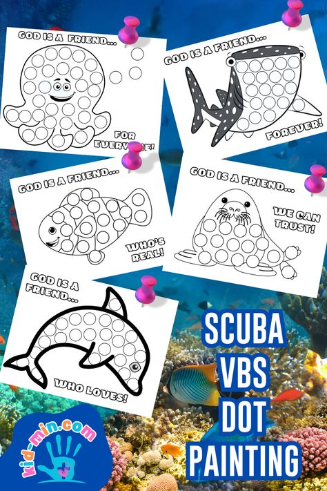 FREE preschool activity for Scuba VBS. One dot marker art picture for each day. Summer Camp Activity Ideas For Preschool, Scuba Vbs Preschool Crafts, Scuba Crafts Preschool, Scuba Vbs Crafts For Kids, Breaker Rock Beach Vbs Activities, Scuba Vbs Craft Ideas, Scuba Vbs Snacks, Breaker Rock Beach Preschool Crafts, Vbs Scuba Games