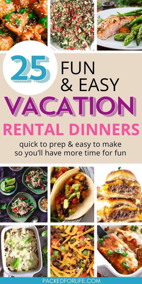 Nine vacation rental dinnersl tacos, sliders, chicken bake, casseroles, taco & quinoa salad, chicken stirfry. Easy Cottage Meals, Beach Dinner Recipes, Vacation Dinner Ideas, Family Vacation Meals, Beach Day Food, Beach Vacation Meals, Easy Vacation Meals, Family Fun Dinner, Vacation Meal Planning