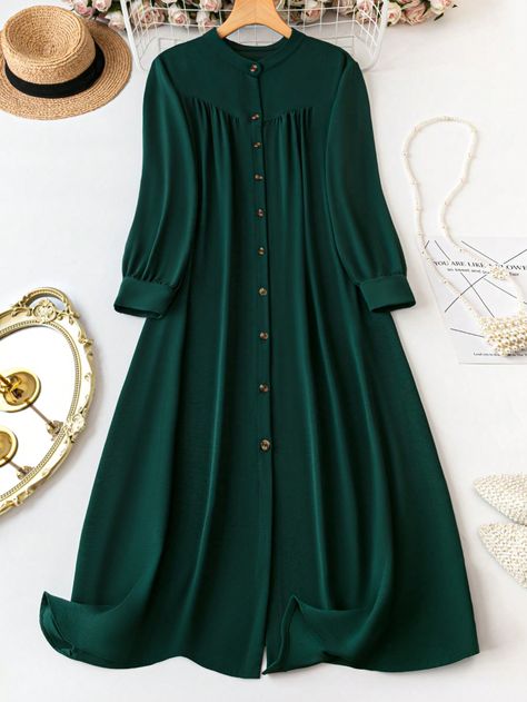 Dark Green Casual Collar Long Sleeve Woven Fabric Plain Smock Embellished Non-Stretch  Women Plus Clothing Simple Dresses Hijab, Simple Green Dress, Simple Dresses Casual, Fancy Dress Patterns, Simple Dress Casual, Stylish Outfits Casual, Color Combos Outfit, Frock Fashion, Beautiful Casual Dresses