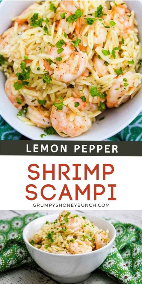 Lemon Pepper Shrimp Scampi is light and delicious pasta recipe with made with plump shrimp in a lemon butter garlic sauce tossed with orzo. Get this shrimp pasta recipe and more at Grumpy's Honeybunch website. Shrimp Scampi With Orzo, Lemon Butter Garlic Sauce, Butter Garlic Sauce, Easy Shrimp Pasta, Lemon Pepper Shrimp, Shrimp Pasta Recipe, Coconut Curry Shrimp, Seafood Sushi, How To Cook Orzo