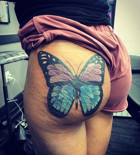 Tattoo On Booties, Butterfly On Buttocks Tattoo, Butterfly Buttcheek Tattoo, Full Buttcheek Tattoo Women, Blessed Tattoo, Belly Button Tattoo, Upper Thigh Tattoos, Black Men Tattoos, Full Hand Tattoo