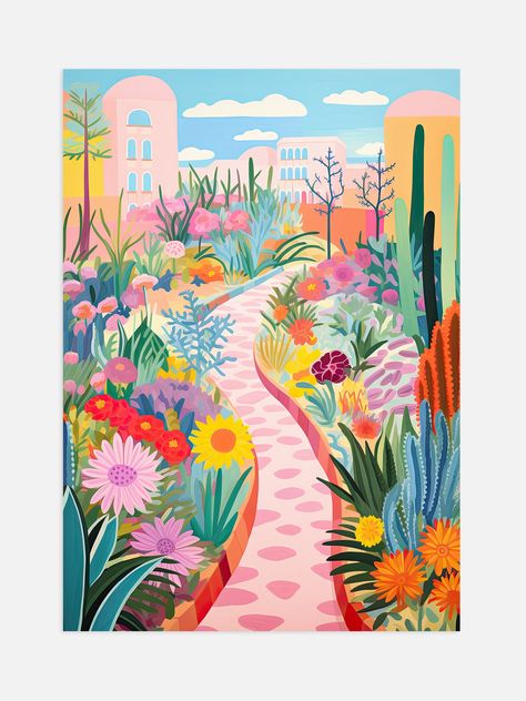 This pastel botanical landscape painting is inspired by the Miracle Garden in Dubai. The print has a vibrant pastel colour palette perfect for adding a pop of colour to your walls. Maximalist Painting, English Scenery, Pastel Botanical, Daily Illustration, Secret Garden Colouring, Miracle Garden, Maximalist Style, Pastel Colour Palette, Garden Painting