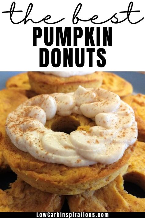 This Keto Pumpkin Donut Recipe is a delicious fall treat! Enjoy your favorite pumpkin spice flavors while enjoying a delicious and melt in your mouth pumpkin donut. Visit for more delicious low carb and keto friendly recipes! My mission is to share healthy foods and creations that keep you excited about eating keto! Keto Pumpkin Doughnut Recipes, Keto Pumpkin Donuts Baked, Keto Pumpkin Donut Recipe, Low Carb Donuts Baked, Low Carb Donut Recipes, Healthy Donut Recipe, Pumpkin Doughnut Recipe, Keto Pumpkin Recipes, Pumpkin Spice Doughnuts