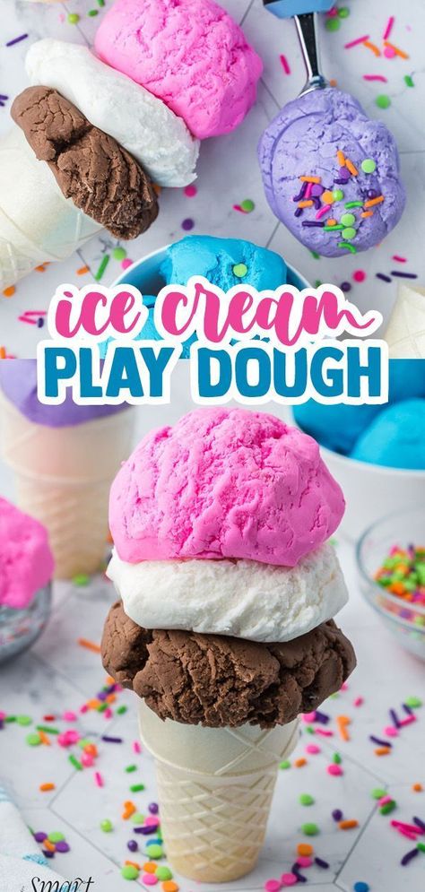 Ice cream play dough is edible, soft, and looks exactly like ice cream! Ice cream play dough is perfect for pretend play or as a kid-friendly craft. It’s fun for playing ice cream shop or sharpening fine motor skills. Make some of this DIY play dough and enjoy it with your kids. Ice Cream Play Dough, Ice Cream Playdough, Ice Cream Dough, Edible Play Dough Recipe, Ice Cream Play, Cool Crafts For Kids, Playdough Party, Play Ice Cream, Craft Ideas With Paper