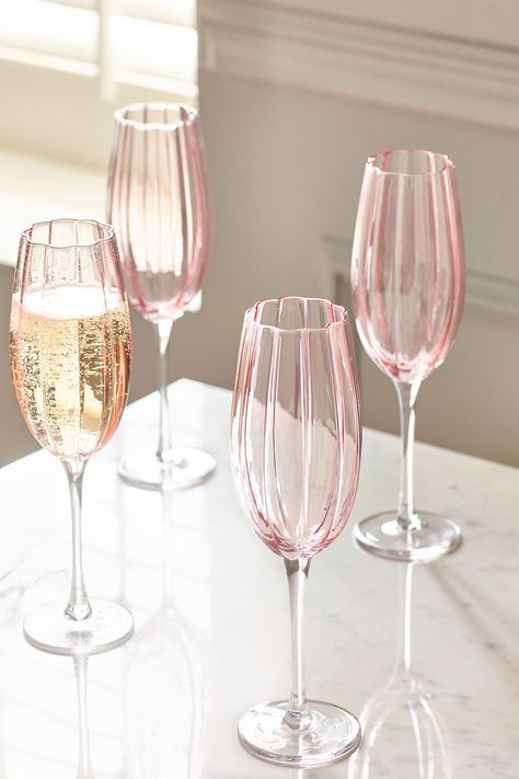 These hand blown scalloped Ottilie glasses are the perfect touch of pink to add to your glassware collection. Available as a set of 4, they are perfect for sitting and enjoying a glass of fizz with friends! Cute Kitchen Aesthetic, Pink Wine Glasses, Flute Glasses, Pink Living Room, Cute House, Cute Kitchen, Pink Kitchen, Glassware Collection, Dream Room Inspiration