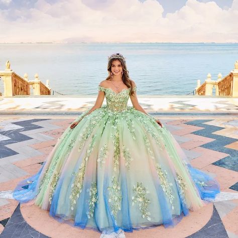 Green Quinceanera Dresses | Princesa by Ariana Vara Green Quinceanera, Green Quinceanera Dresses, Verde Aqua, Lime Sorbet, Sequin Appliques, Prom Designs, Glitter Ombre, Quince Dresses, Gowns With Sleeves