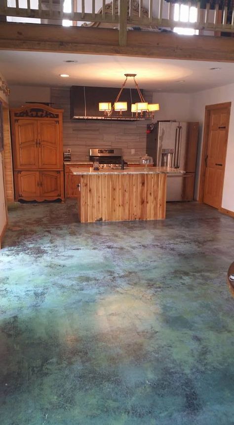 Marbled acid stained floors are a favorite among our customers. We speak to homeowners everyday looking to create this beautiful, one-of-a-kind finish in their homes. There’s no wrong way to do it. Every floor is unique and sometimes even the technicians at Direct Colors learn something new as was the case with the Wilcox Family project. Stained Cement, Cement Kitchen, Acid Stained Concrete Floors, Concrete Basement, Stained Floors, Acid Concrete, Concrete Stain Patio, Basement Redo, Acid Stained Concrete