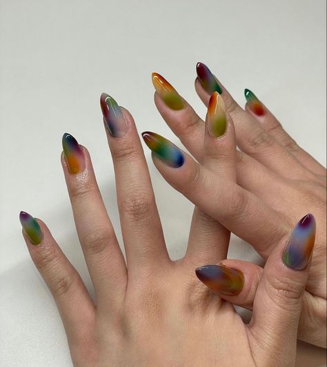 Halo Nails Design, Nail Looks Acrylic, Heat Signature Nails, Matte Aura Nails, Nails That Go With Every Outfit, Fine Art Nails, Nails With Outfit, Mani Gel Nails, Mood Ring Nails