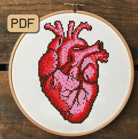 Anatomy Embroidery, Pikachu Cross Stitch Pattern, Pikachu Cross Stitch, Funny Needlepoint, Heart Anatomical, Cross Stitch Tattoo, Heart Cross Stitch Pattern, Heart Cross Stitch, Heart Anatomy