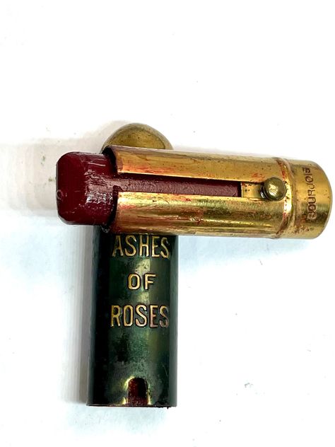 Lipstick RARE Ashes of Roses Red Full Unused Gold Brass Push up Tube Black Enamel Raised Lettering Antiqu Vintage Makeup 1890 Collector Gift by CompactQueen on Etsy Antique Things To Collect, Ashes Of Roses, Deep Red Lipsticks, Vintage Lipstick, Roses Red, Raised Letters, Vintage Cosmetics, Gold Tips, Vintage Makeup