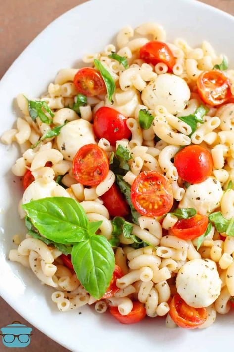 Looking down on large Caprese Pasta Salad in a white serving dish. Caprese Macaroni Salad, Tortellini Pasta Salad With Mozzarella Balls, Caprese Basil Pasta Salad, Caprese Pasta Salad Balsamic, Homemade Balsamic Dressing, Light Pasta, Caprese Pasta Salad, Veggie Breakfast, Cold Pasta Salad Recipes