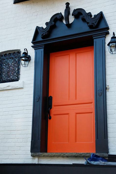 Burnt Orange Door, Orange Doors, Navy Front Door, Colored Doors, House Paints, Orange Front Doors, Ikea Frame, House Porch, Black Houses