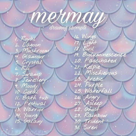 Aesthetic Drawing Prompts, June Drawing Challenge 2024, Mermay Prompt List, Fantasy Art Prompts, Mermaid Oc Challenge, Monthly Drawing Prompts, Mermay Prompt 2024, Mermay Prompt 2023, Mermaid Base Drawing