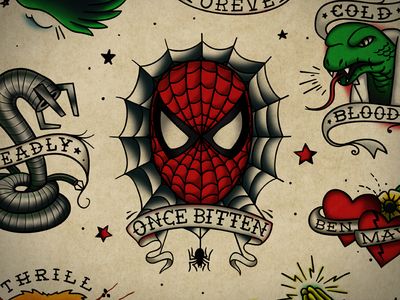 Spiderman Flash Old School Ink, Spiderman Tattoo, Man Tattoo, Comic Tattoo, Marvel Tattoos, Geek Tattoo, Tattoo Flash Sheet, Tattoo Flash Art, American Traditional Tattoo