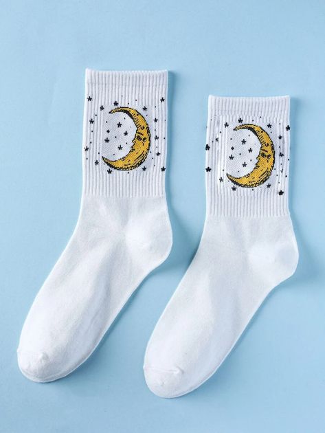 Moon Graphic, Moon Pattern, Women Crew Socks, Pattern Socks, Women Socks, Moon Print, Cute Socks, Patterned Socks, Socks And Tights