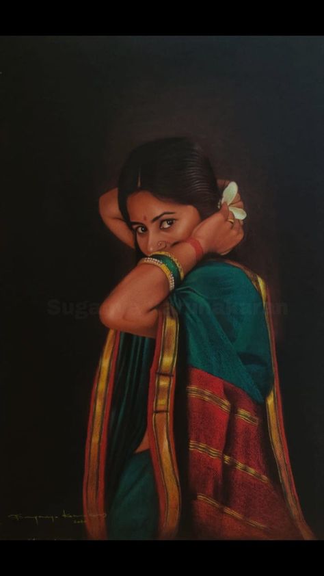 SOUTH INDIAN WOMEN by artist suganya karunakaran Cultural Paintings, Onam Shoot, South Indian Women, Ravivarma Paintings, Pencil On Black Paper, Kanchivaram Saree, Boat Photoshoot, Retro Photoshoot, Maternity Photography Poses Couple