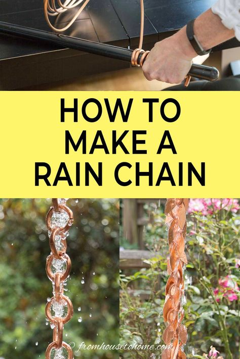 This awesome DIY rain chain tutorial shows you step-by-step how to make a copper rain that you can hang from the gutter on your house to replace the downspout. It is simple to make and looks so beautiful. #fromhousetohome #gardenideas #gardeningtips  #diyprojects #gardenart #rainchains Make A Rain Chain, How To Make A Rain Chain, Rain Chain Installation, Rain Chain Diy, Copper Rain Chain, Chain Tutorial, Copper Rain Chains, Diy Copper, Rain Chains