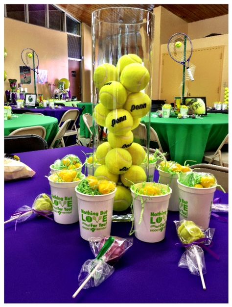 Tennis themed centerpieces Tennis Ball Crafts, Tennis Decorations, Tennis Crafts, Tennis Birthday Party, Tennis Cake, Tennis Wedding, Wimbledon Party, Tennis Party Decorations, Tennis Birthday