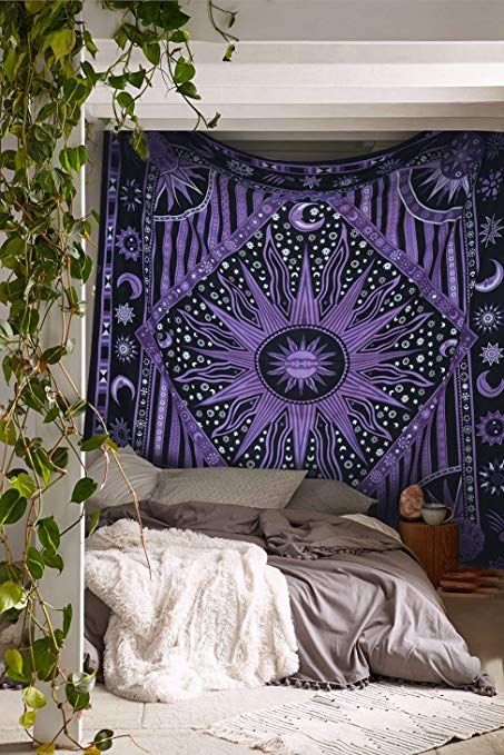 Urban Bedding, Hipster Room, Sun Tapestry, Bohemian Bedrooms, Purple Tapestry, Wall Tapestry Bedroom, Burning Sun, Hippie Bedding, Sun And Moon Tapestry