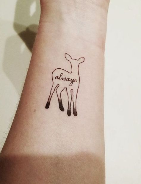 Deer with word always tattoo - Styleoholic Deer Tattoo Meaning, Patronus Tattoo, Doe Tattoo, Always Tattoo, Harry Tattoos, Nerdy Tattoos, Hp Tattoo, Deer Tattoo, Harry Potter Tattoos