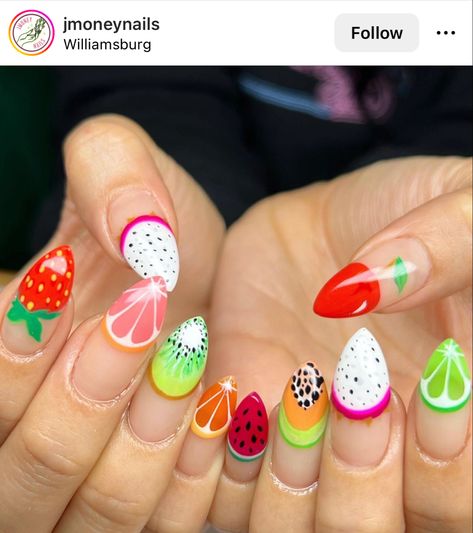 Fruit Slice Nails, Fruit Nails Design, Lime Nails, Nail Nail Designs, Nail Options, Classy Almond Nails, Fruit Nail Designs, Fruit Nails, Es Nails