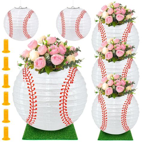 PRICES MAY VARY. Baseball Party Decorations Set: You will receive 6 pieces of baseball paper lanterns , 6 pieces of turf decorations (5.91 x 5.91 inches)，6 pieces of Led lights ，and 2 rolls of fishline (8 meters in total ), adequate quantity for indoor and outdoor decoration. LED Lights: Our paper lantern decoration set comes with 6 pieces of LED lights. These lights can be hung inside paper lanterns. When night falls, it can create a strong party atmosphere. Reliable Material: Our baseball pape Baseball Centerpieces Table Decorations, Baseball Banquet Centerpieces, Baseball End Of Season Party, Turf Decorations, Baseball Centerpiece Ideas, La Dodgers Birthday Party, Baseball Party Centerpieces, Baseball Centerpiece, Baseball Party Decorations