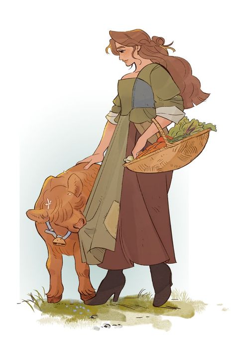 Gardening Pose Reference Drawing, Farm Character Design, Farmer Oc Art, Village Character Design, Herbalist Character Design, Fantasy Farmer, Cottagecore Character Design, Farmer Character Design, Farmer Oc