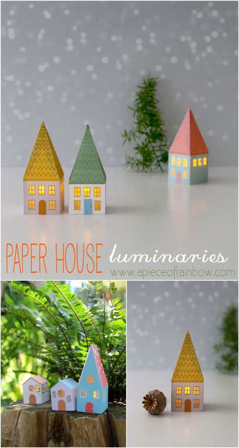 DIY: Paper House Luminaries made with your Silhouette Portrait or CAMEO #papercrafts - A Piece Of Rainbow Cardboard Village, Luminary Diy, Paper Diorama, Diy Paper Christmas Tree, Christmas Tv, Putz House, Rainbow Diy, Papercraft Printable, Paper House