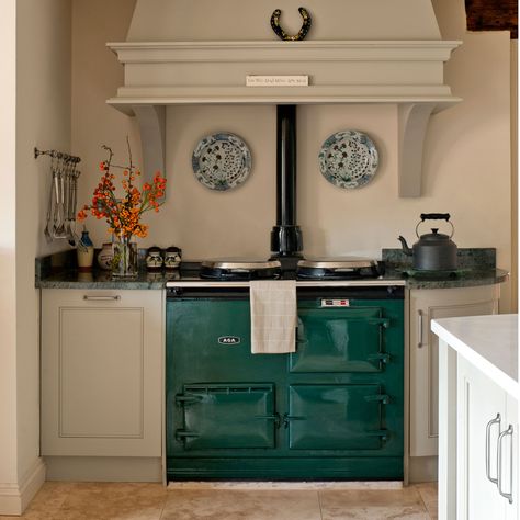 Green Aga in White Kitchen Green Aga, Range Cooker Kitchen, Aga Kitchen, Aga Stove, Hide Tv, Fresh Farmhouse, Living Room Images, Neutral Kitchen, Range Cooker