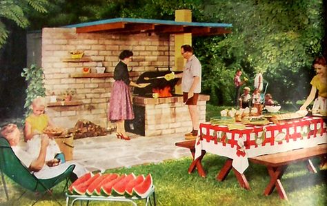 Mid century Barbecue. Love that patio shelter!  give me some of that watermelon! 60s Backyard, 1960s Backyard, Watermelon Display, Retro Backyard, 1950s Backyard, Sliced Watermelon, Vintage Backyard, Retro Patio, Backyard Grill