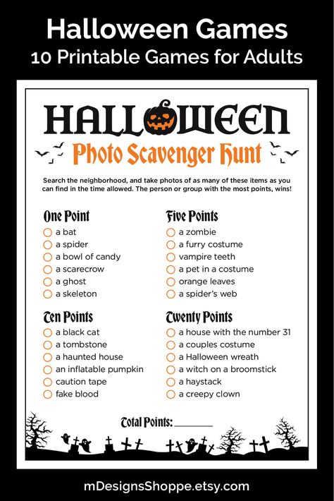 Halloween Games Bundle for adults with 10 printable games included. Each game has HALLOWEEN written in black lettering with a black and orange jack o lantern taking the place of the O. Underneath, the name of each game is written in orange, gothic lettering. bats fly out from either side. Along the bottom is a black border with creepy trees, ghosts and tombstones. Halloween House Party Activities, Beetlejuice Themed Games, Halloween Party Ideas For Elderly, Halloween Party Game Prizes, Witchy Party Games, Halloween Scavenger Hunt For Adults, Halloween Activities Adults, Halloween Party Activities For Adults, Halloween Games For Party