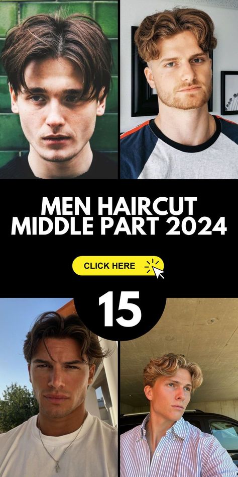 The middle part men's haircut is back and better than ever in 2024. This trend is all about balance, with short sides and a medium-length top that can be styled straight, wavy, or even curly for a unique twist. It's a versatile look that complements various styles, and it's perfect for those who want to stay on-trend in the new year. Men Haircut Styles Middle Part, Men Haircut Parted In The Middle, Men Center Part Hair, Medium Length Fade Hair Men, Middle Part Hairstyles Men Short Sides, Fluffy Middle Part Hair Guys, Medium Length Haircut Men Middle Part, Medium Length Hair Men Wavy Middle Part, Men’s Center Part Haircut