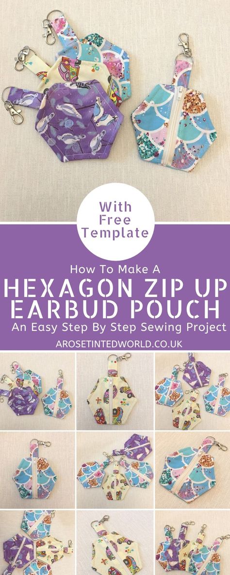 How To Make A Hexagon Zip Up Earbud Pouch - This handy holder clips to a bag to keep your ear buds or loose change safe. Great gift or item to make & sell. The hexagonal pattern is more zero waste as it tessellates. A great scrap busting design to use up all your little fabric scraps. Useful handy item. Easy step by step sewing project for beginners. Free template included in this simple pictorial tutorial. #sewing #easysewingprojects #zerowaste #sewingtutorial #fabricscraps #DIY Ear Bud Case Diy Sewing Projects, Earbud Pouch, Earphone Pouch, Hexagonal Pattern, Tutorial Sewing, Sewing Machine Projects, Pouch Sewing, Cute Sewing Projects, Case Ideas