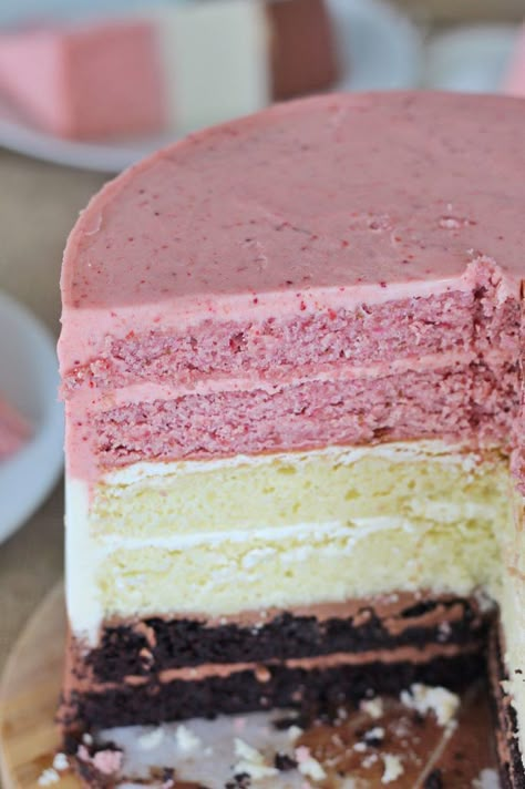 Neapolitan Cake | Cake by Courtney Two Flavor Cake, Cake By Courtney Recipes, Neapolitan Cake Recipe, Cakes By Courtney, Neopolitan Cake, Amazing Cake Recipes, Neapolitan Cake, Cake By Courtney, Strawberry Crunch Cake