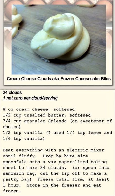 Cream Cheese Clouds aka Frozen Cheesecake Bites. Cloud Bread With Cream Cheese, Cream Cheese Clouds, Cloud Bread Without Cream Cheese, Can You Freeze Cream Cheese, Cream Cheese Carnivore, Freezing Cream Cheese, Frozen Cheesecake, Keto Candy, Cheese Bites