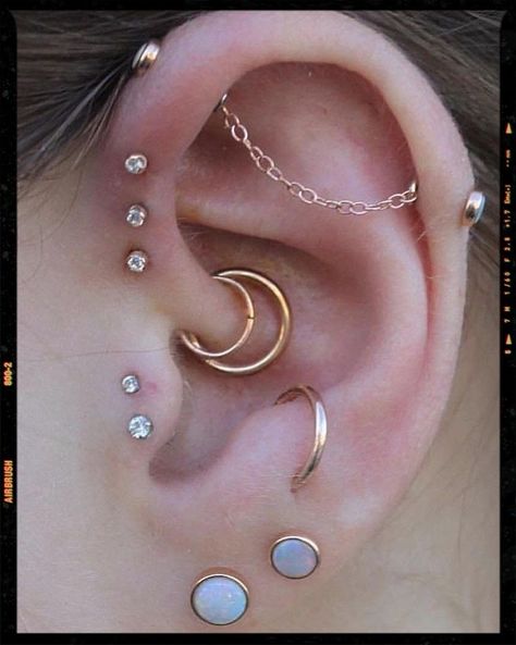 Daith Piercing Combos, Ear Curation Themes, Industrial Piercing Jewelry Elegant, Daith Industrial Piercing, Daith Piercings Ideas, Double Daith Piercing, Unique Industrial Piercing, Industrial And Daith Piercing, Different Ear Piercings Ideas