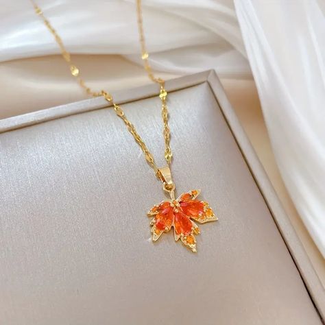 Red Maple Leaf Pendant Necklace Inlaid Zircon 18k Gold Plated Copper Neck Jewelry - Jewelry & Accessories - Temu Necklace Couple, Red Crystal Necklace, Red Maple Leaf, Period Tracker, Banquet Wedding, Trendy Necklace, Neck Jewellery, Couple Jewelry, Wedding Summer