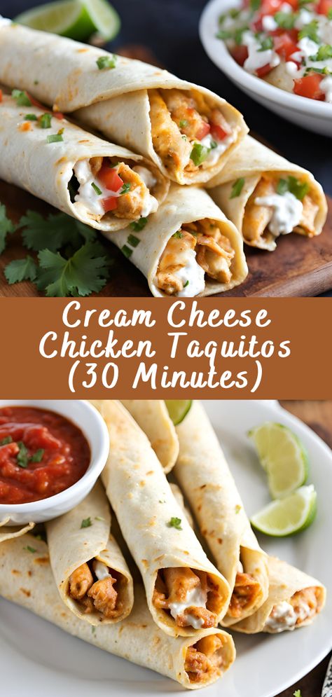 Chicken Taquitos Cream Cheese, Oven Baked Chicken Taquitos, Cream Cheese Taquitos, Cream Cheese Chicken Taquitos, Chicken Taquitos Baked, Chicken And Cream Cheese, Taquitos Recipe, Chicken Tostadas, Cilantro Lime Sauce