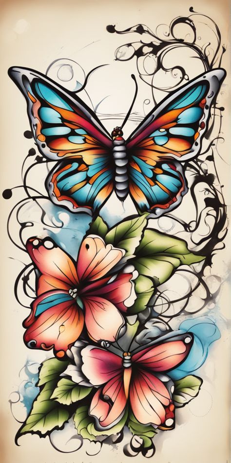 This is a vibrant, new school style butterfly tattoo design. The elements are colorful and bold, featuring intricate details, typically characteristic of this style. The design pops vividly against the blank canvas background. Full Color Butterfly Tattoo, Floral Butterfly Tattoo Design Color, Painted Lady Butterfly Tattoo, Colorful Abstract Butterfly Tattoo, Butterfly Mandala Art Colorful, Canvas Background, Butterfly Tattoo Designs, Blank Canvas, Butterfly Tattoo