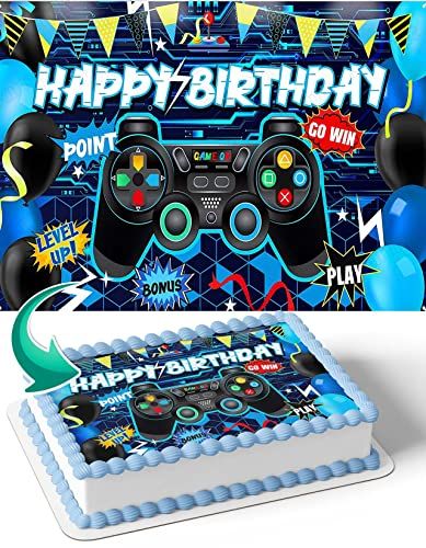 CAKECERY Gamer Nintendo Playstation Xbox Blue Comestible Cake Image Topper Birthday Cake Banner 1/4 Hoja Video Game Sheet Cake, Game Theme Cake, Game Birthday Cake, Gamer Birthday Cake, Edible Cake Images, Video Game Cake, Birthday Cake Banner, Playstation Cake, Gamer Cake